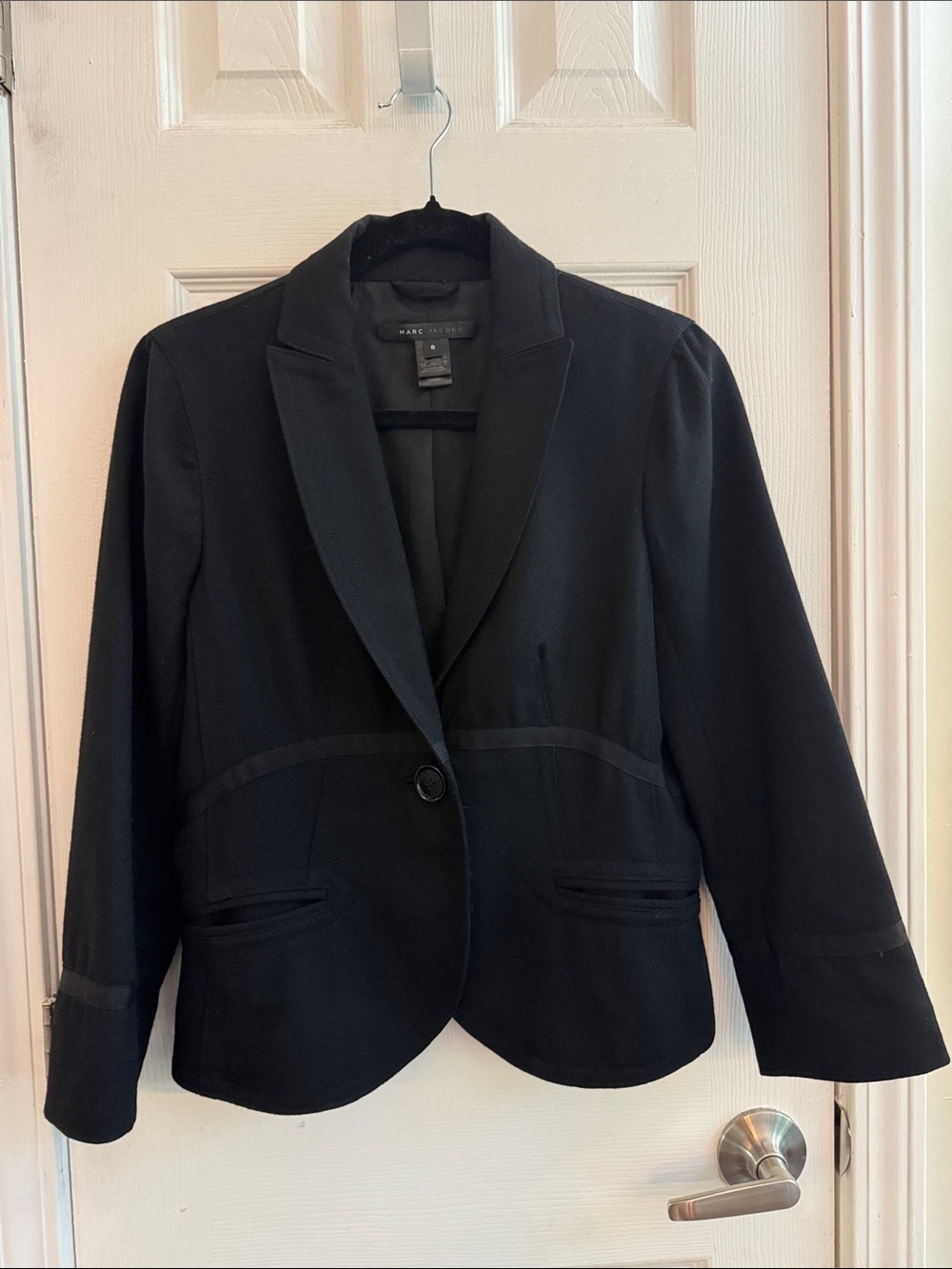 MARC JACOBS 100% Wool Double Breasted Blazer Ribbon Trim Single Button Black 8